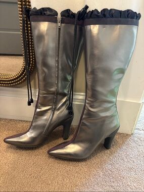 G Series Waterproof Metallic Silver High-Heel Knee Boots with Drawstring Trim